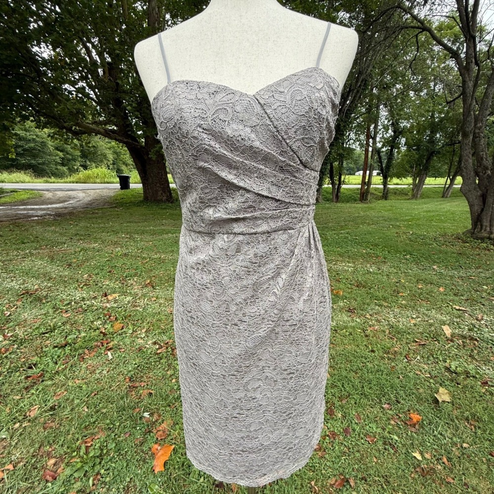 Davids Bridal Silver Metallic Floral Lace Sheath Cocktail Dress F15620 Size 8